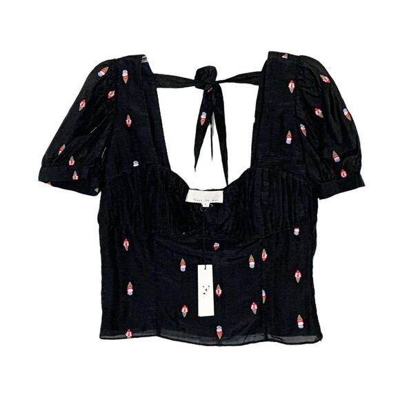Fleur Du Mal Ice Cream Embroidery Top Blouse Bustier Tie Back Women’s Size Large - Picture 3 of 12